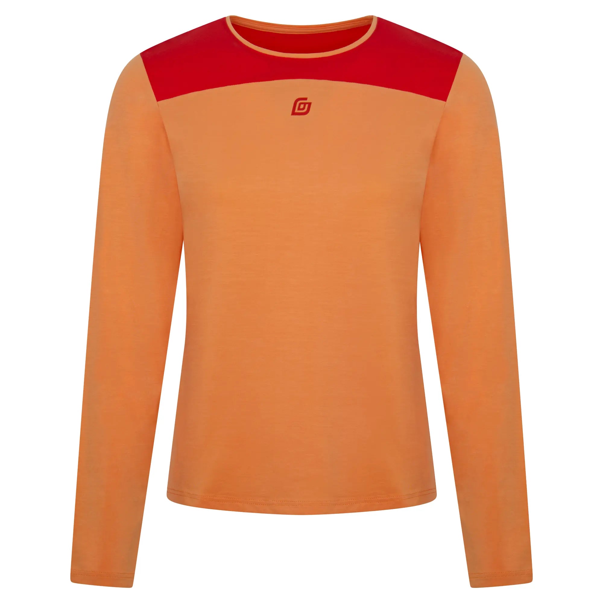 KiiGO Damen Longshirt in sommerlichem Peach/Rot. Fitness, Running, Workout. Weich und angenehm auf der Haut, aus 100% biologisch abbaubaren Fasern. Atmungsaktiv, schnelltrocknend, hypoallergen.