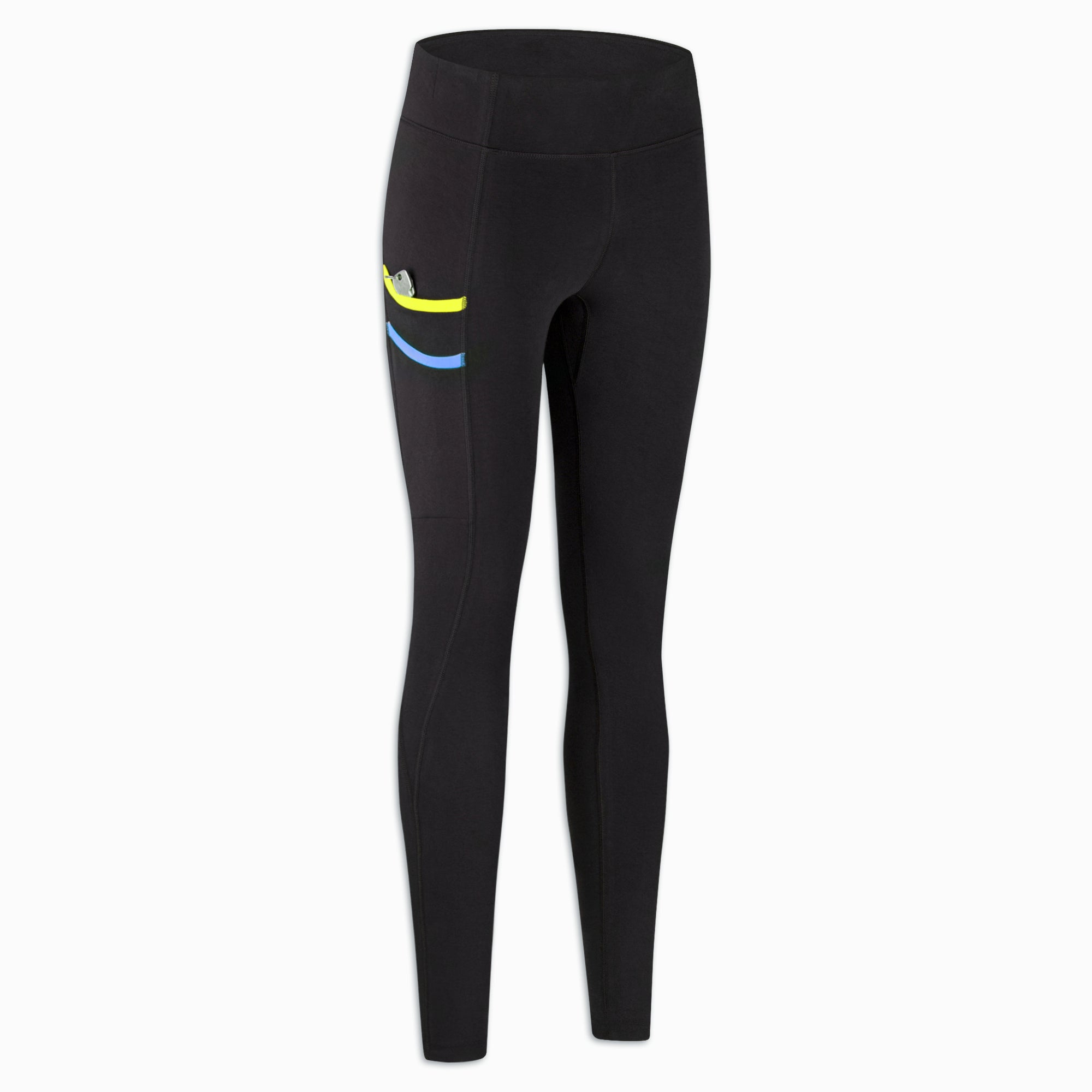 Damen Lauf-Leggings Schwarz mit Neon-Akzenten – Seitentasche