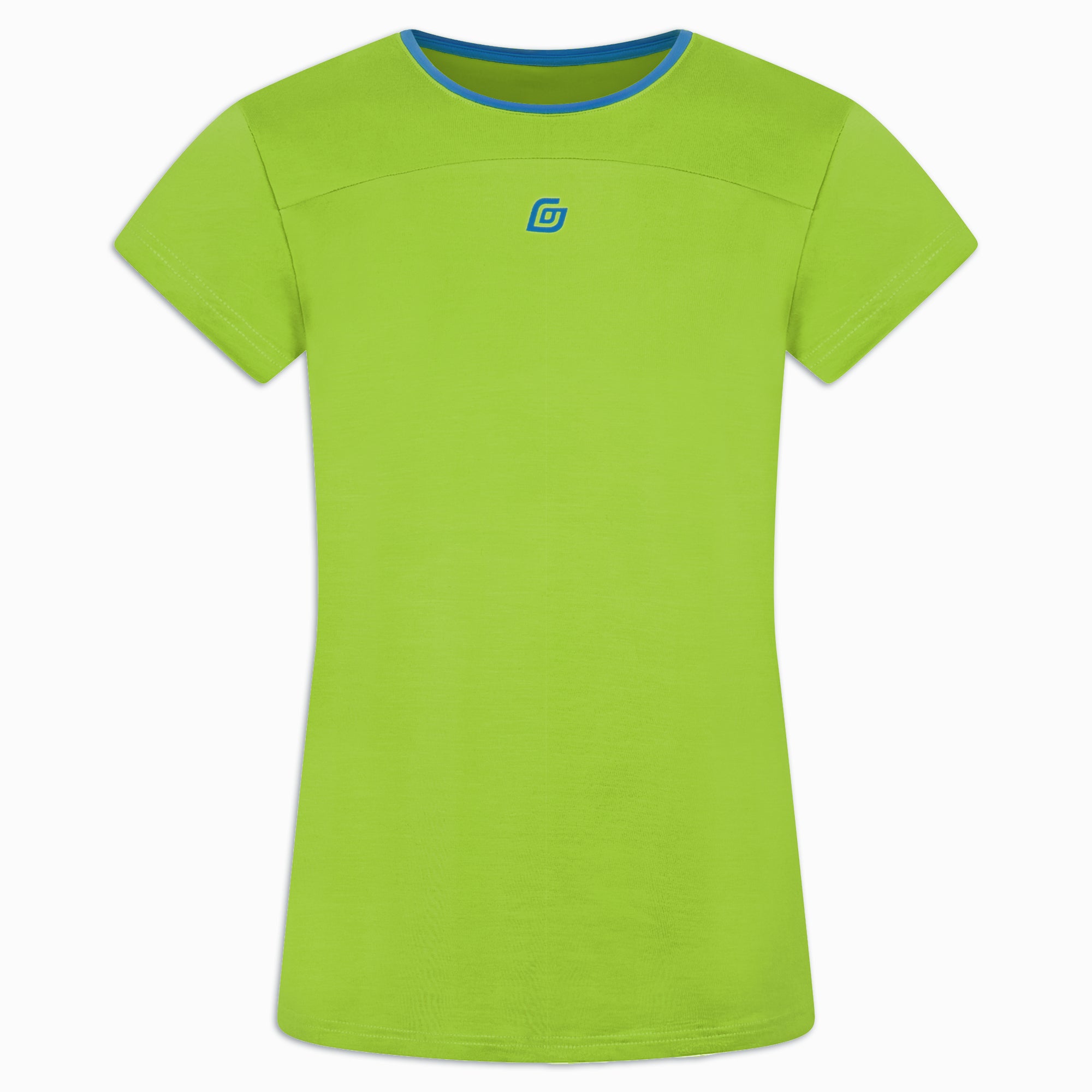Damen Laufshirt Limepunch Grün mit Blau-Kragen – Frontansicht