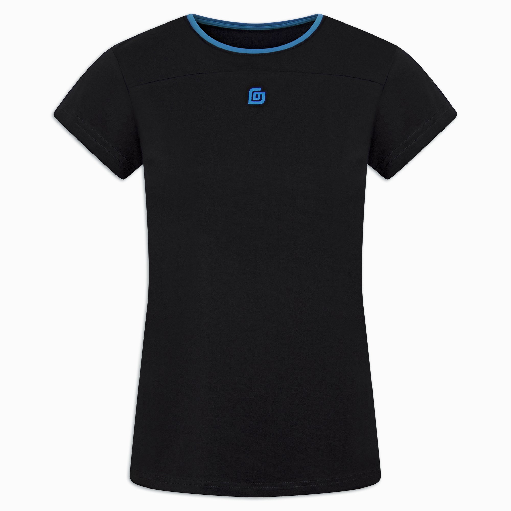 Damen Laufshirt Schwarz mit Blau-Kragen – Frontansicht