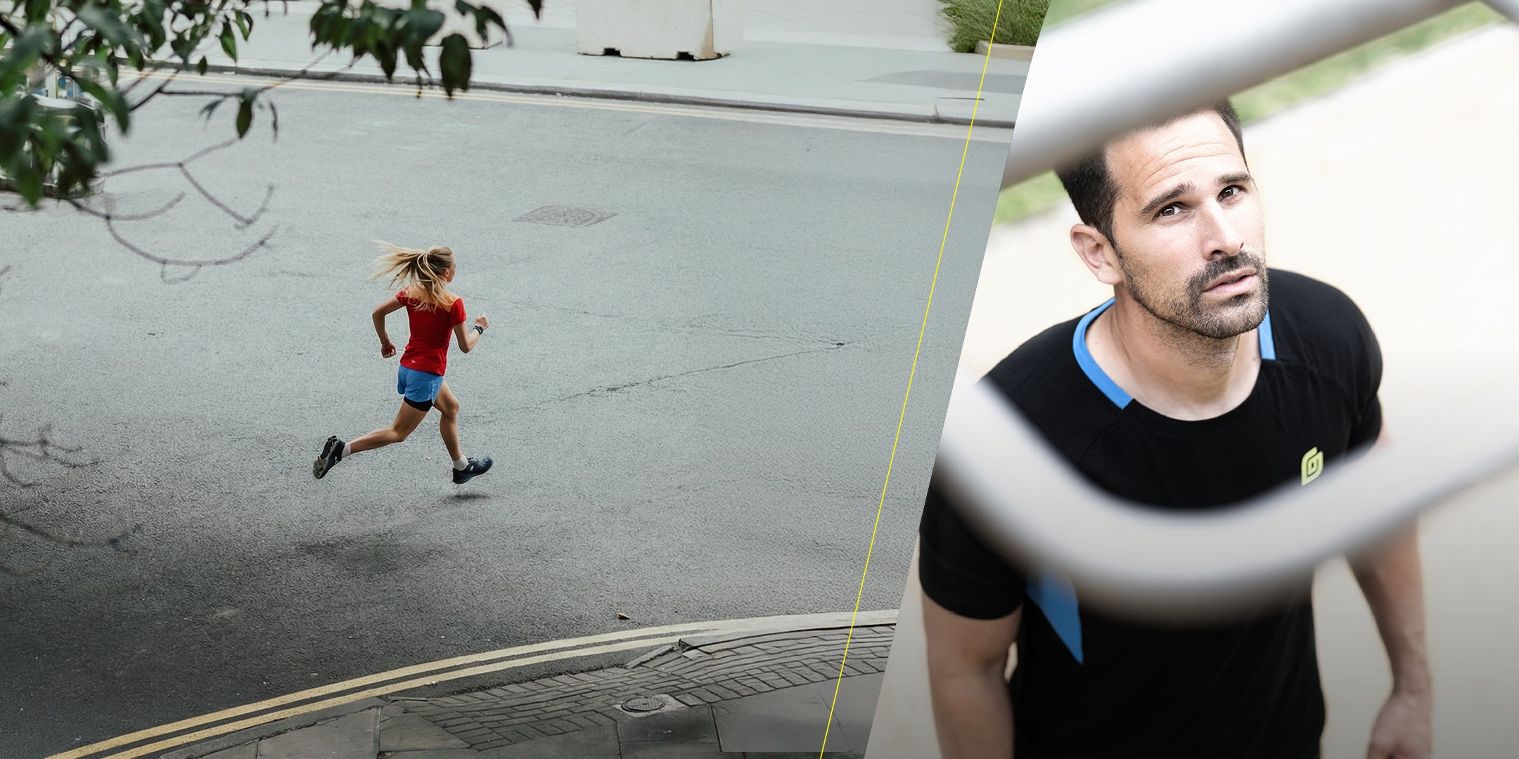 Sportler steht im Calisthenics Park und ist kurz davor, seine Klimmzüge zu machen. Er schaut nach oben zur Stange und er trägt dabei das schwarz KiiGO Herren Shirt in Schwarz mit blauem Kragen und dem knalligen KiiGO Logo Print.
Auf der Linken Seite ieht man eine Luferin auf der Strasse mit dem roten KiiGO Shirt und der blauen KiiGO Short.