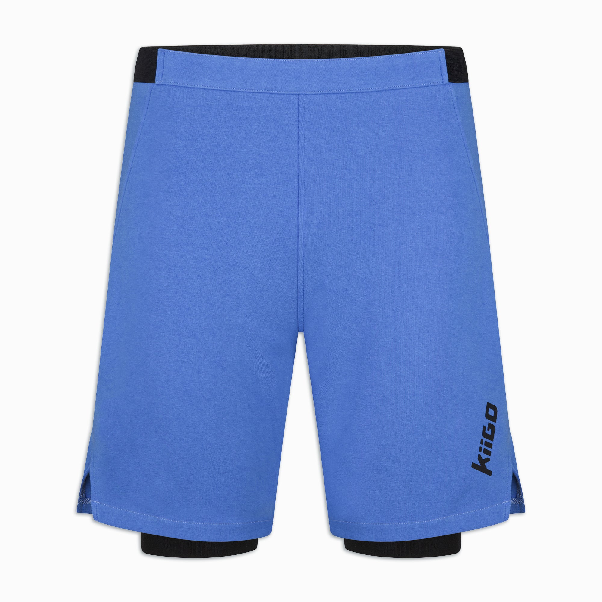 KiiGo 2-in-1 Shorts für Herren aus Baumwolle und Tencel in Blau mit schwarzem Bund, Vorderansicht, made in Germany