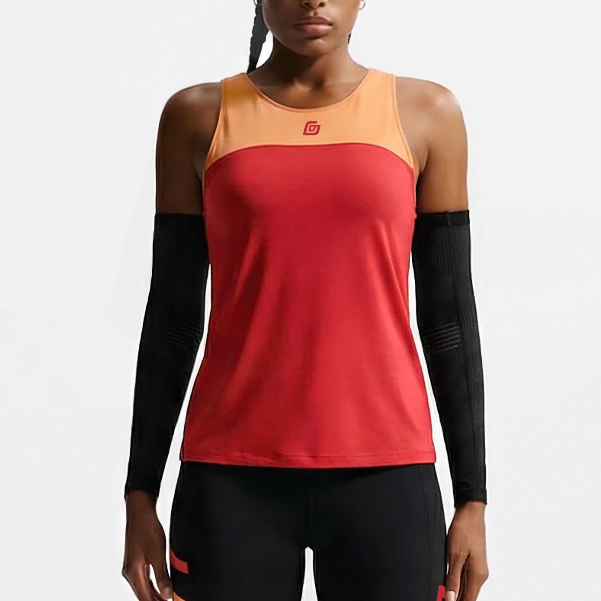 KiiGO Damen Sport Tanktop Rot mit Peach-Einsatz – Frontansicht getragen