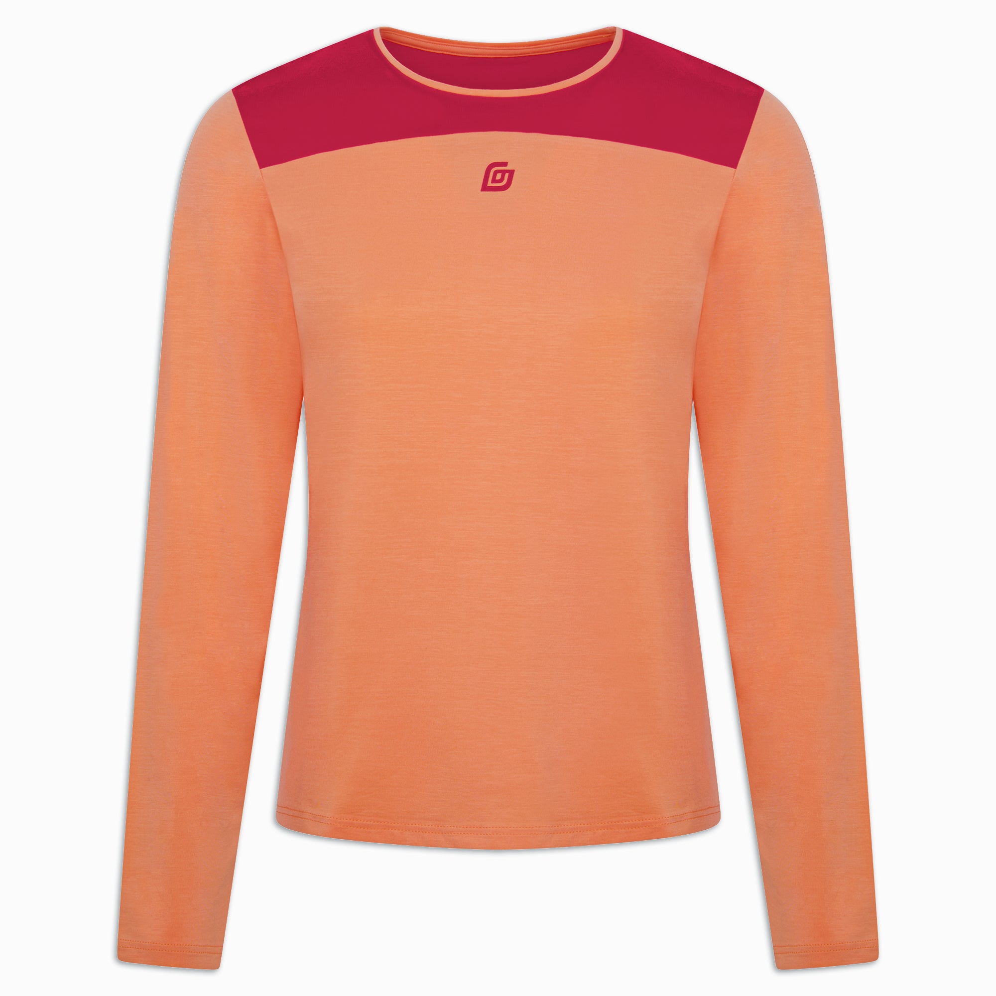 KiiGo Longshirt für Damen aus Tencel in Pfirsich mit bordeauxrotem Schultereinsatz, Vorderansicht, nachhaltig produziert in Deutschland