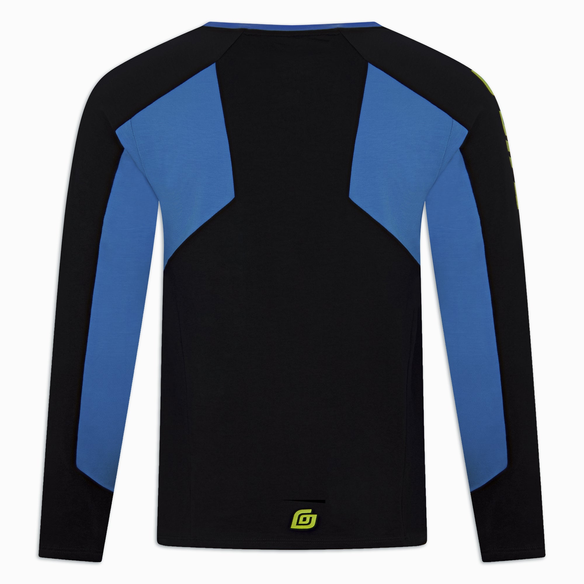 Rückansicht des schwarzen Longsleeves mit blauen Schulter- und Ärmeleinsätzen, Logo am unteren Saum