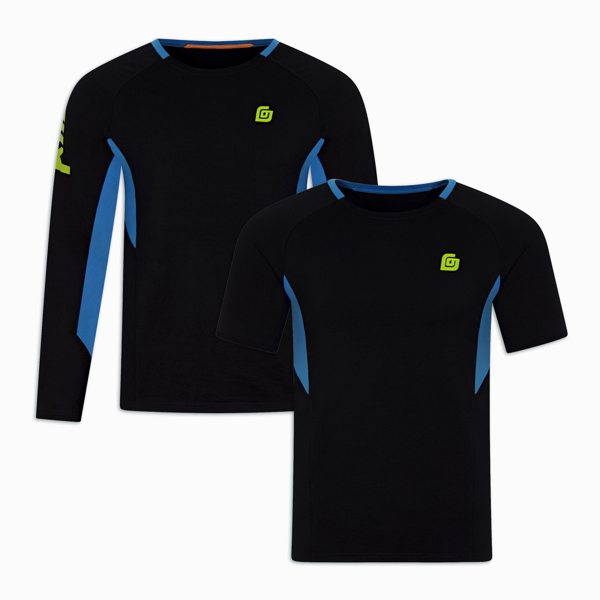 Nachhaltige KiiGO Activewear-Kombi für Herren in Schwarz: geruchsneutrales Langarm- und Kurzarm-Laufshirt aus Tencel, Made in Germany, mit blauen Akzenten.