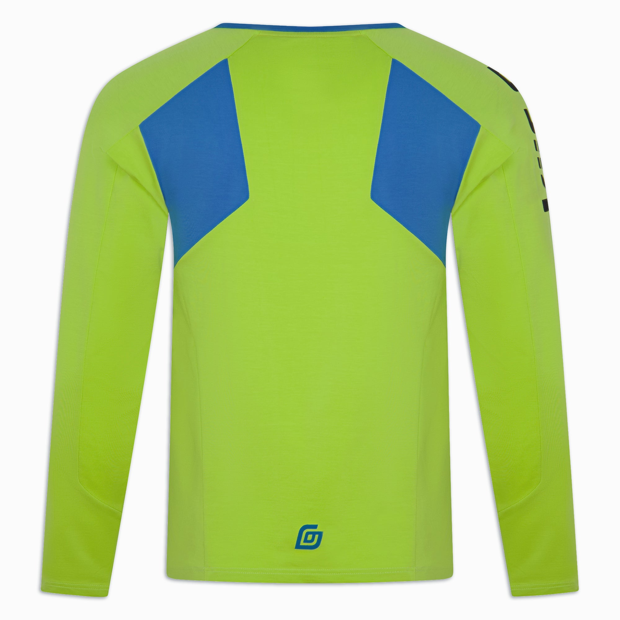 Rückenansicht des neongrünen KiiGO Herren Sport-Langarmshirts (Limepunch) mit blauen Schulterpartien. Gefertigt aus nachhaltigem Tencel (Made in Germany)