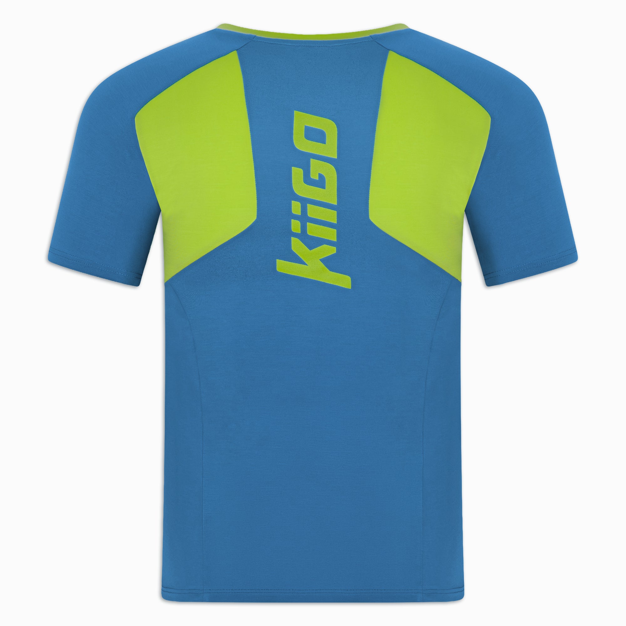 Blaues KiiGO Sportshirt für Herren in der Rückenansicht: nachhaltige Activewear aus Tencel, Made in Germany, mit großem neongrünem KiiGO-Logo.