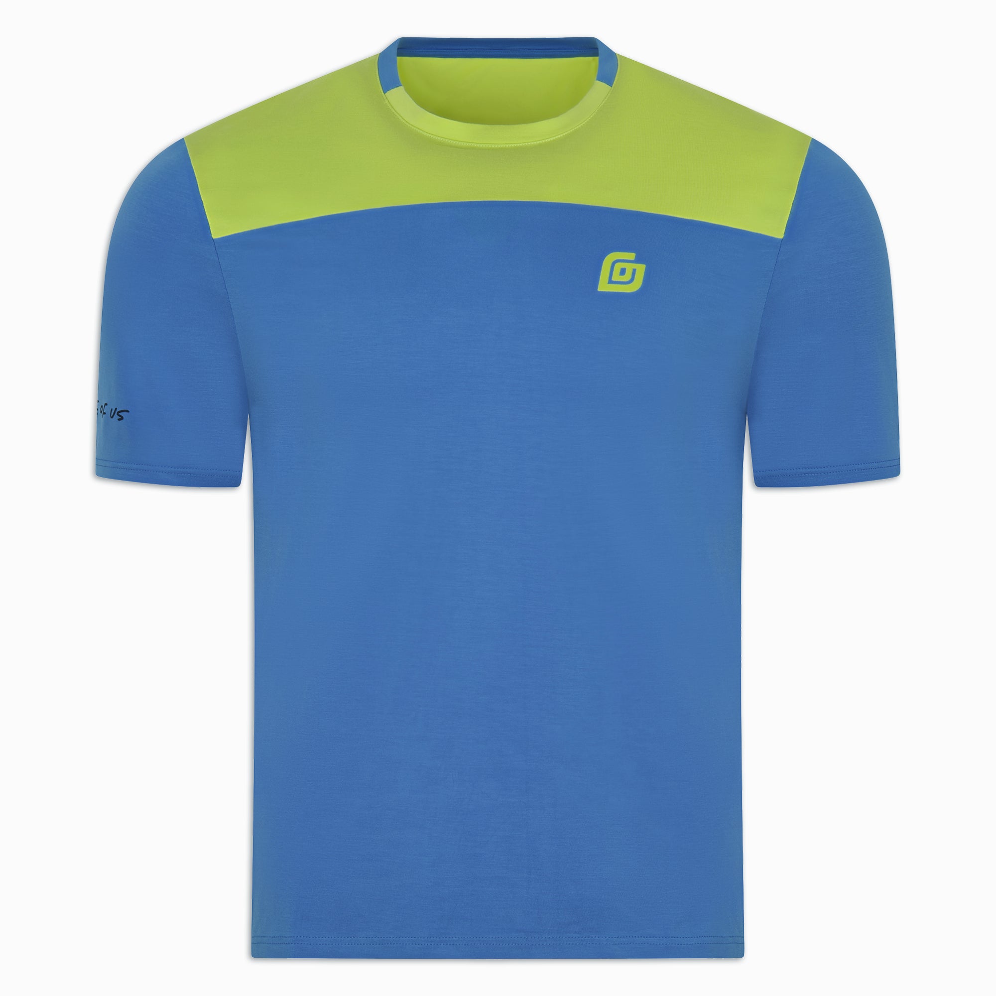 Blaues LooseTee Blue Kurzarm-Shirt mit limettenfarbenen Akzenten an Schultern und Kragen