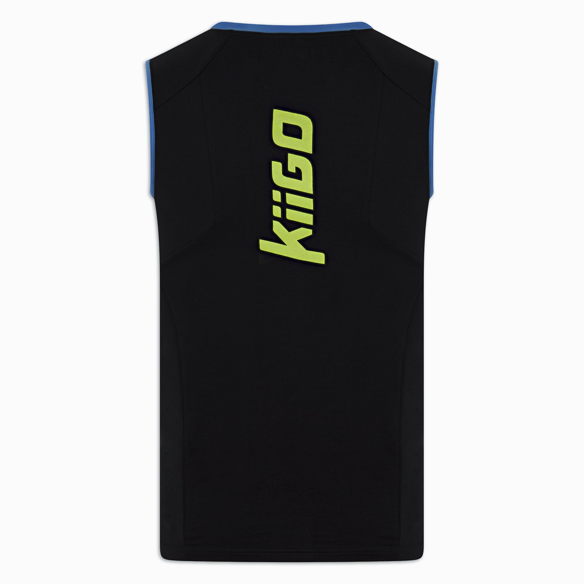 Rückenansicht des schwarzen KiiGO Herren Sport Tanktops mit großem, vertikalem KiiGO-Logo in Neongrün. Gefertigt aus nachhaltigem Tencel (Made in Germany)
