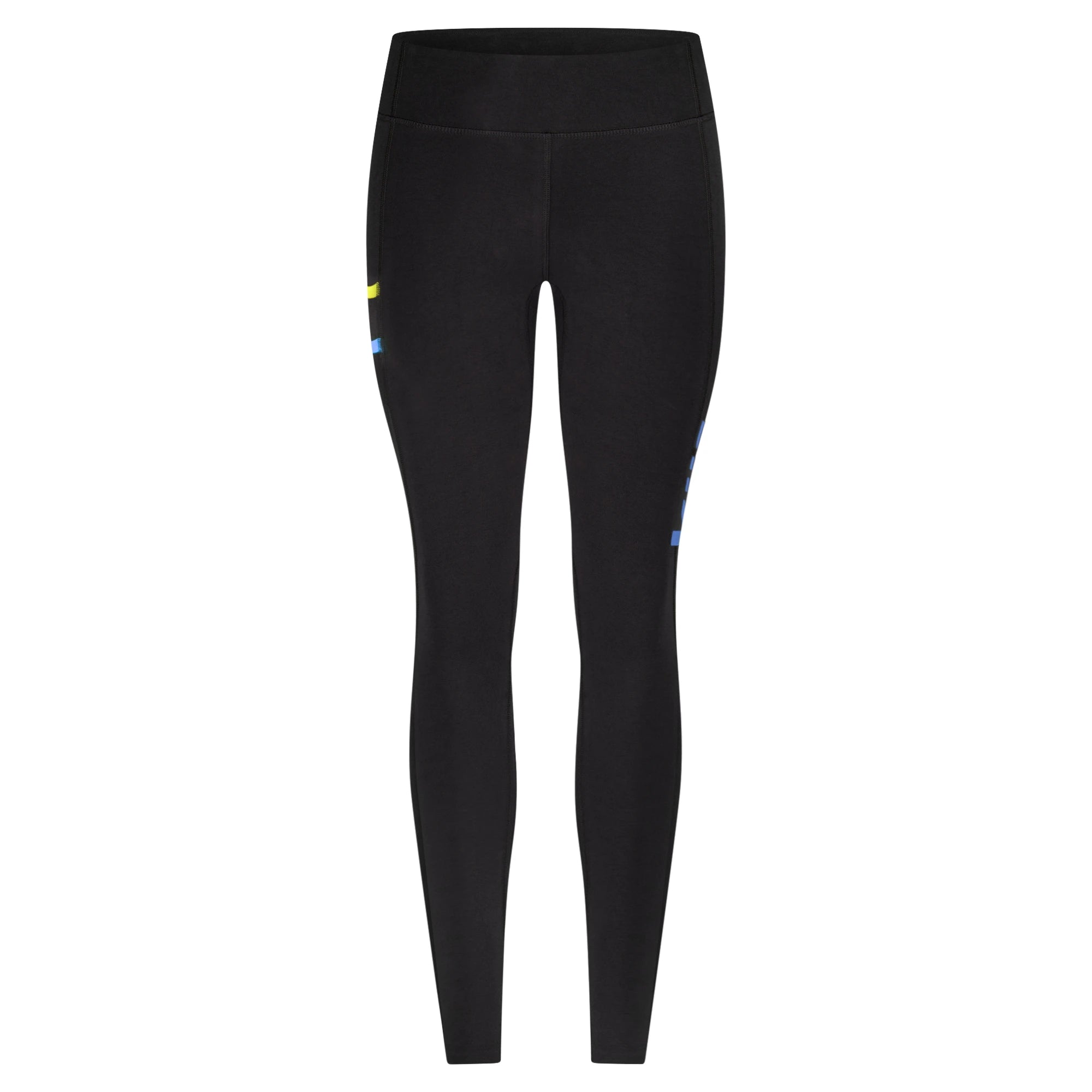 KiiGO Damen Lauf-Leggings in Schwarz, Vorderansicht, Taschensteppung Blau/Lime, komfortabler Bund ohne Einengen