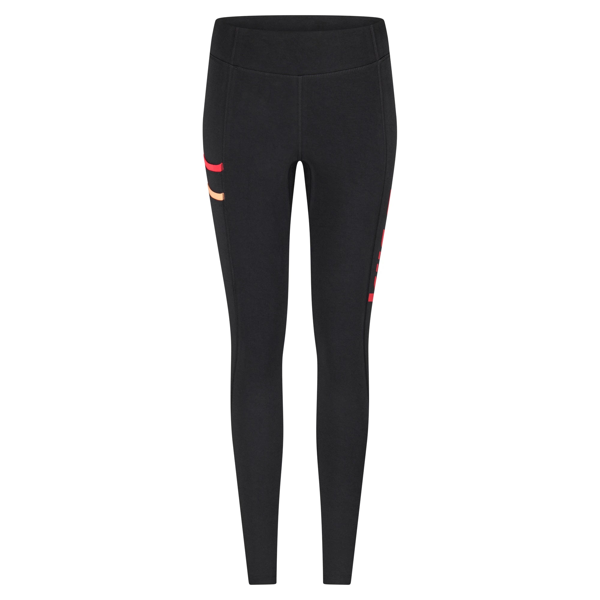 KiiGO Damen Lauf-Leggings in Schwarz, Vorderansicht, Taschensteppung Rot/Apricot, natürlicher Sitz am Bauch