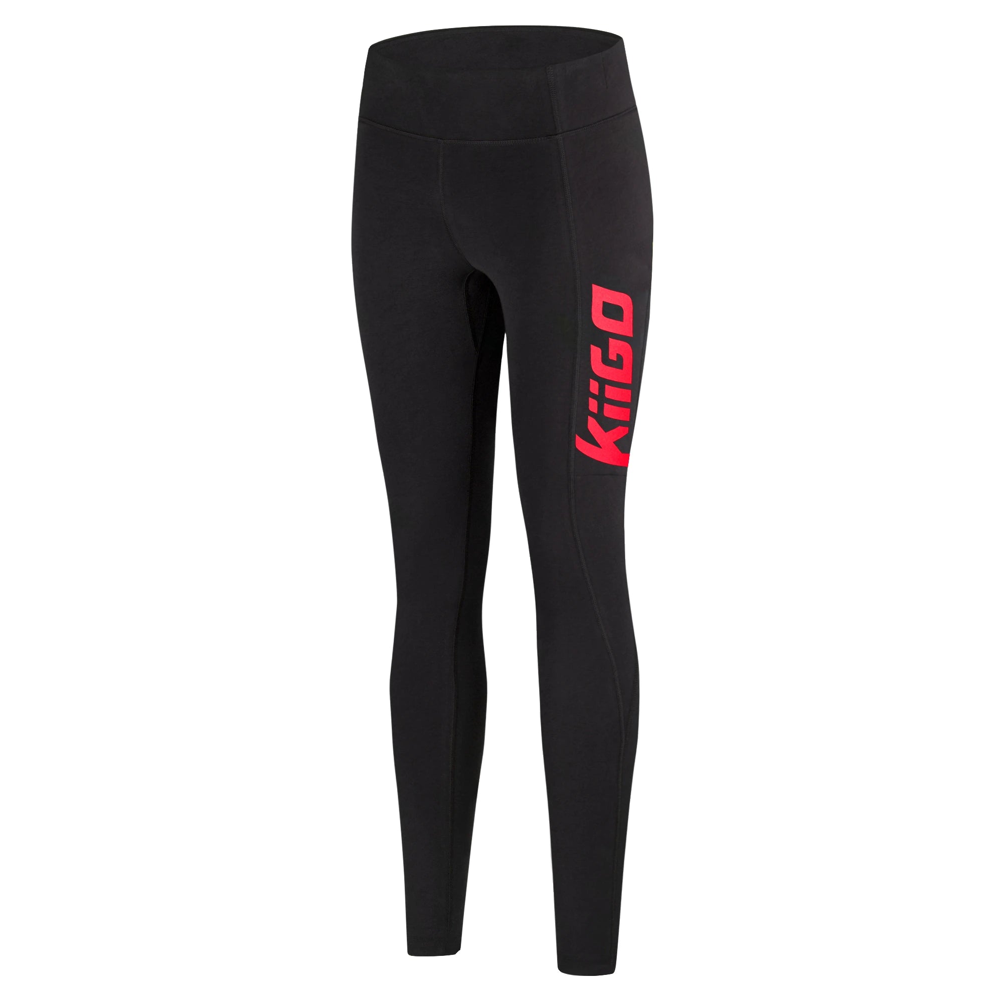KiiGO Damen Lauf-Leggings, Seitenansicht links, roter KiiGO Print als sportliches Statement