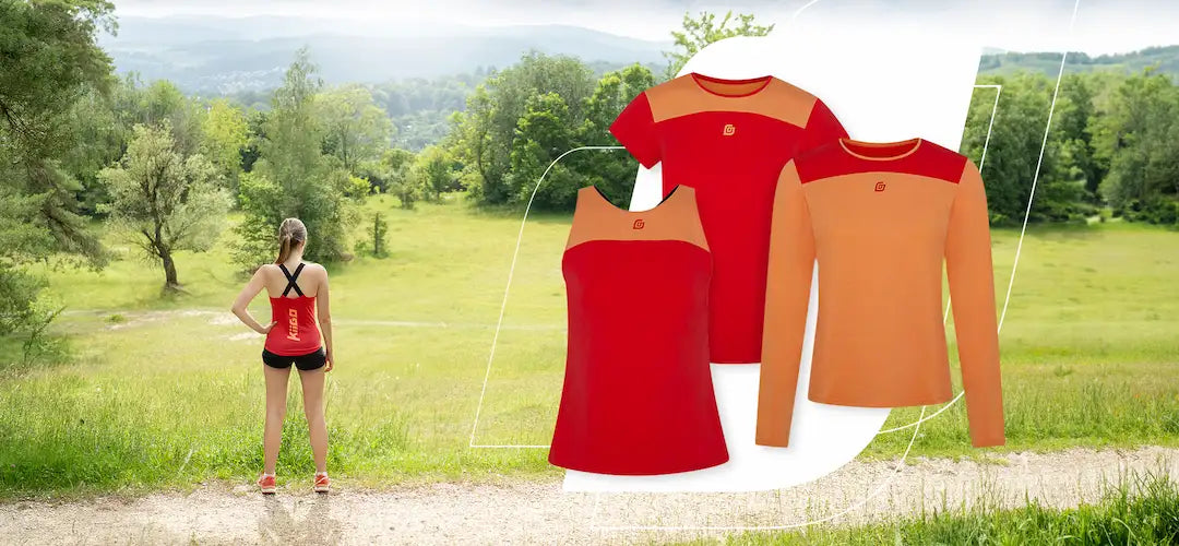 KiiGO Funktionskleidung für Running und Fitness. Auch als Kombination erhältlich. Longshirt, T-Shirt. Tanktop aus 100% biologisch abbaubaren Materialien. Perfektes Mix & Match in knalligem Rot und sommerlichem Peach.