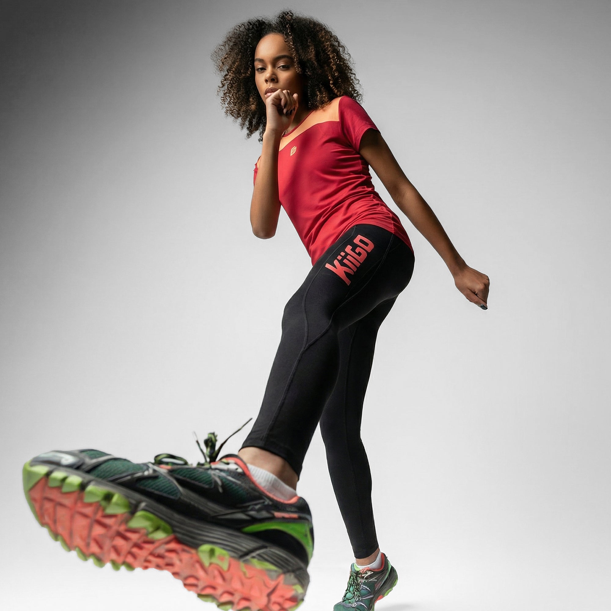 Damen Lauf-Leggings Schwarz mit Rot/Peach