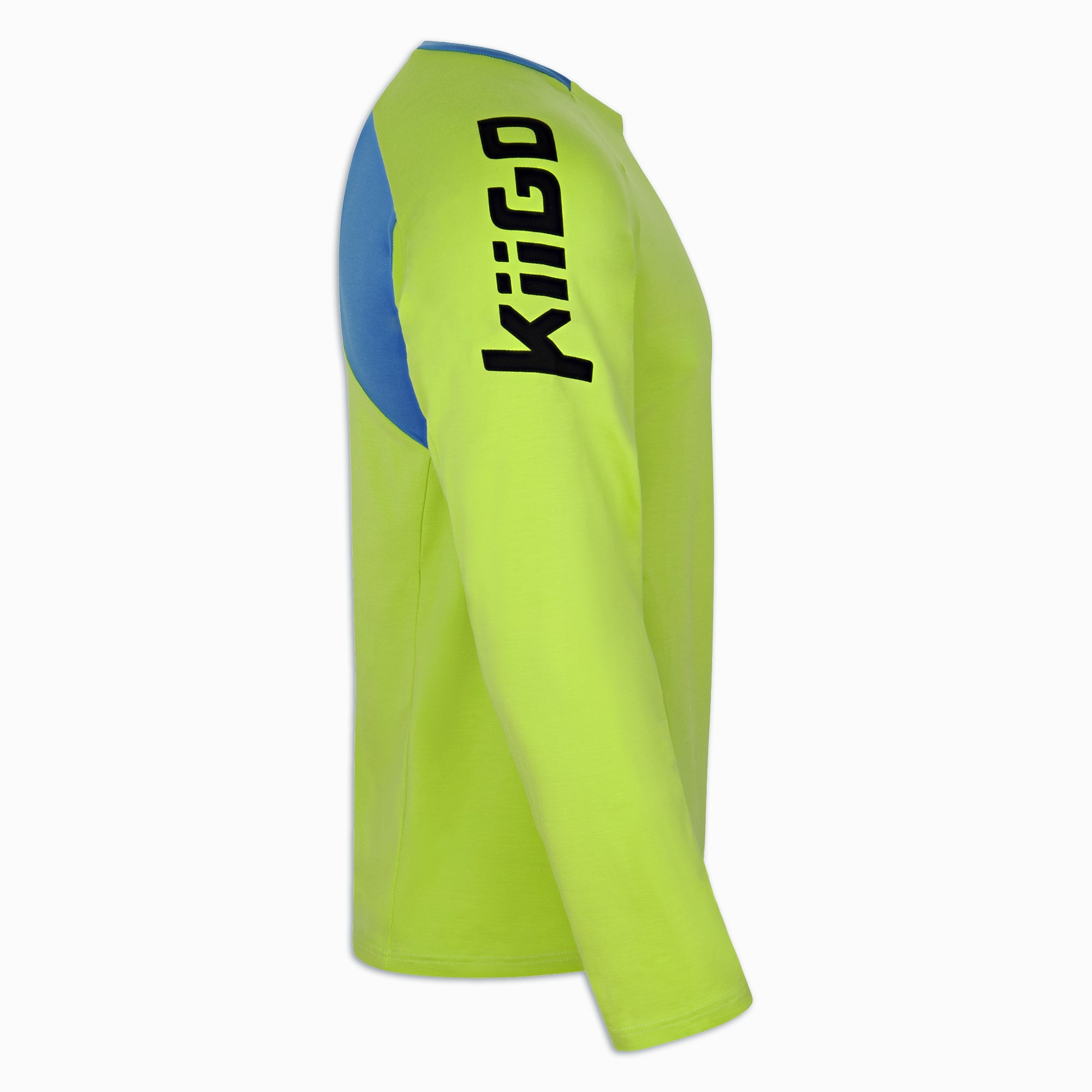 Seitenansicht des limettengrünen Longsleeves mit blauem Schultereinsatz und schwarzem KiiGo-Schriftzug