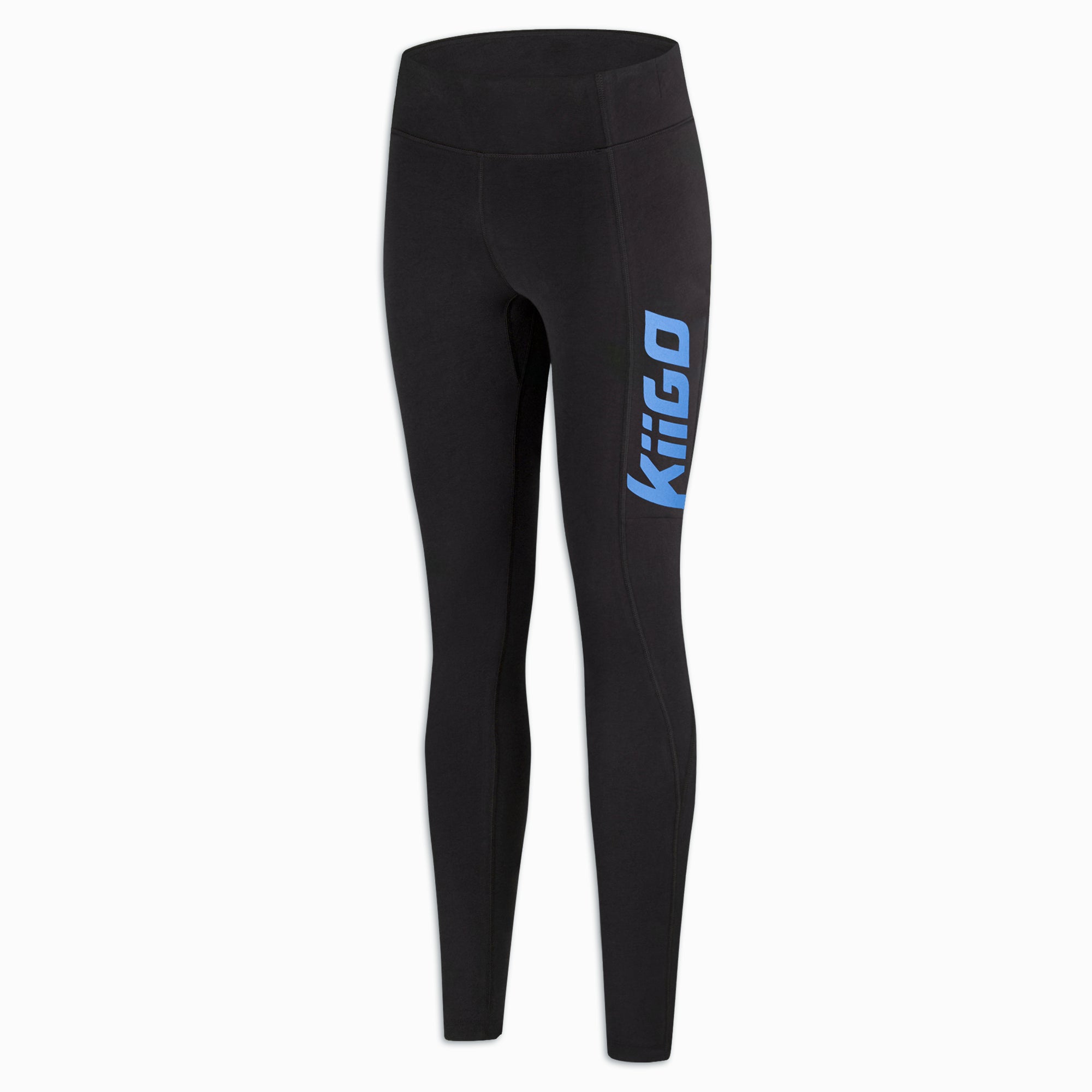 Damen Lauf-Leggings Schwarz mit Blau Schriftzug – Schrägansicht