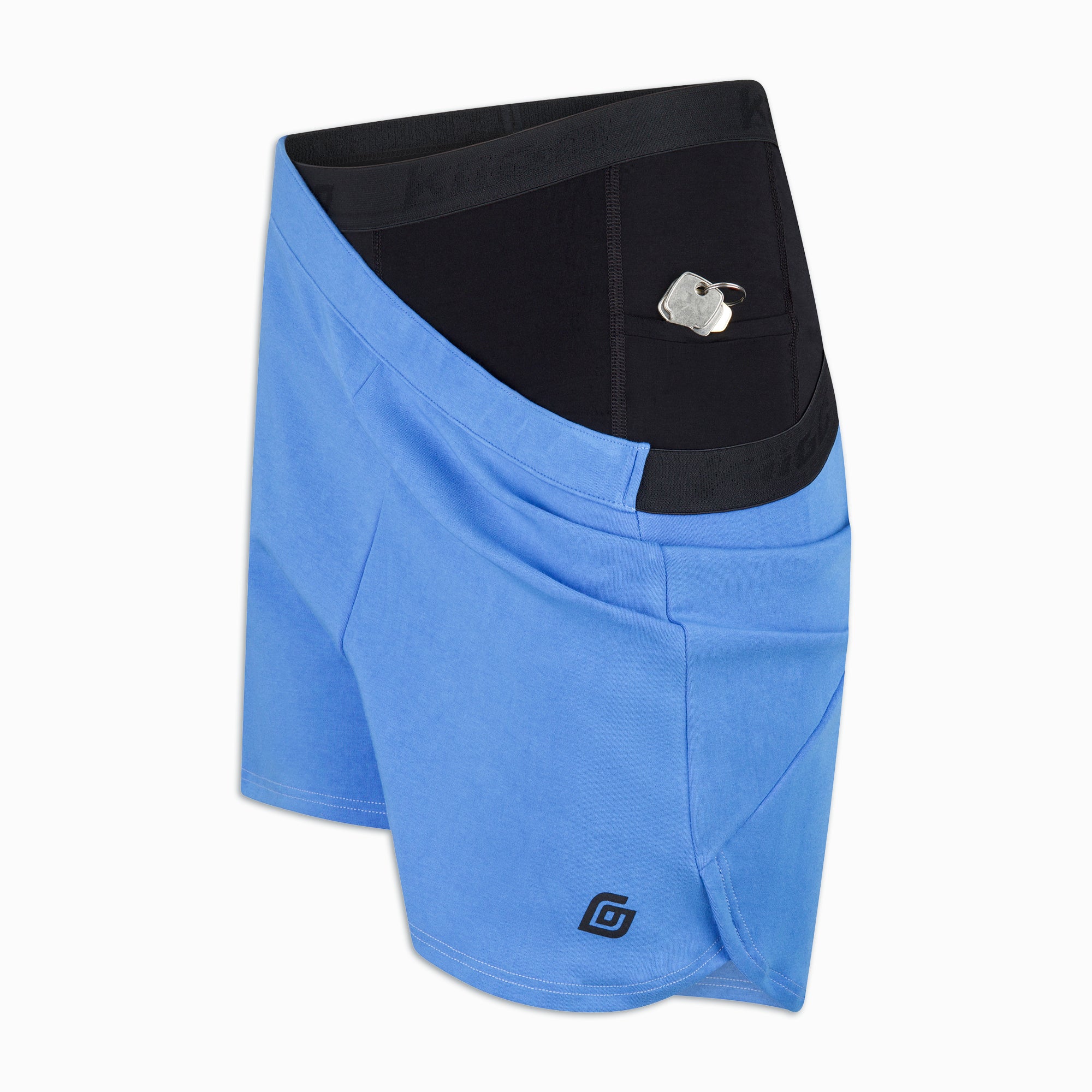 Damen Laufshorts 2-in-1 Blau mit schwarzer Innen-Tight – Schlüsseltasche