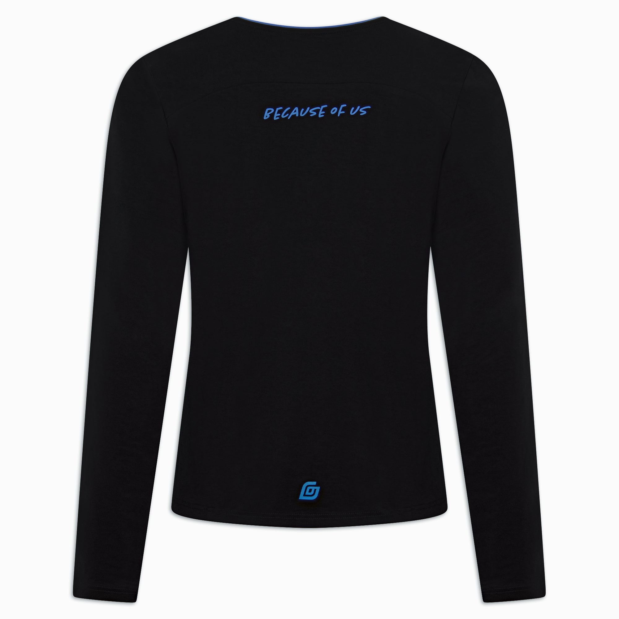 Damen Sport Langarmshirt Schwarz mit Blau-Kragen – Rückseite