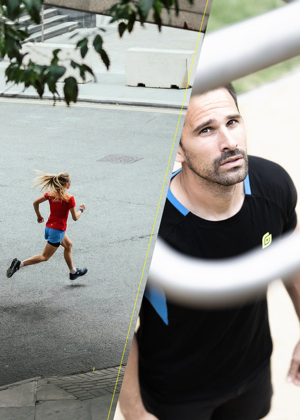 Sportler steht im Calisthenics Park und ist kurz davor, seine Klimmzüge zu machen. Er schaut nach oben zur Stange und er trägt dabei das schwarz KiiGO Herren Shirt in Schwarz mit blauem Kragen und dem knalligen KiiGO Logo Print.
Auf der Linken Seite ieht man eine Luferin auf der Strasse mit dem roten KiiGO Shirt und der blauen KiiGO Short.