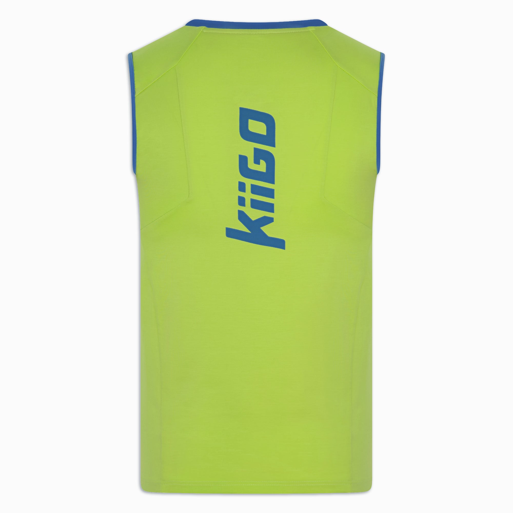 Rückansicht des limettengrünen Herren-Sport-Tanktops mit großem blauem KiiGO-Logo auf dem Rücken.