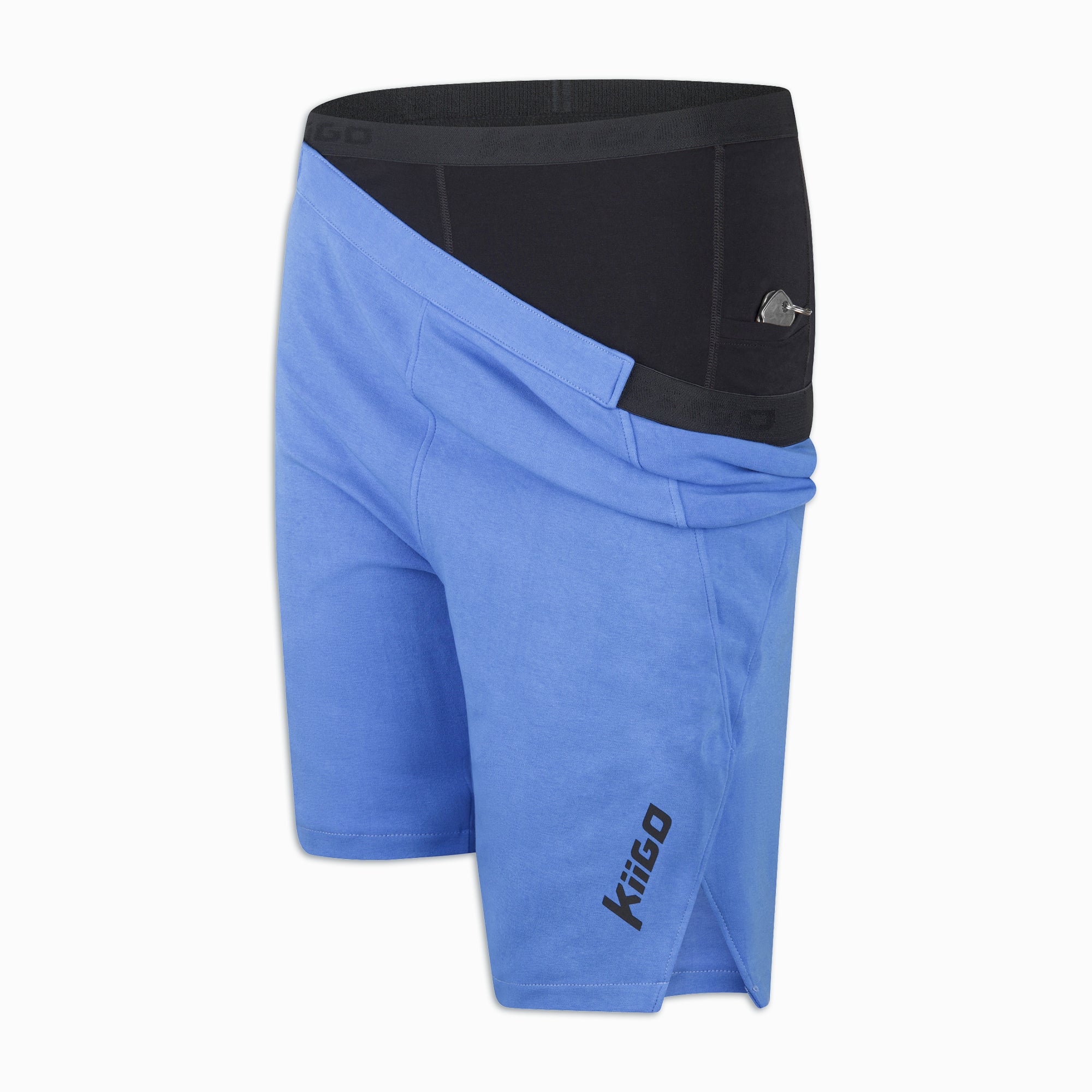 Detailansicht der blauen 2-in-1 Shorts mit schwarzem Innenbund, Schlüsseltasche 