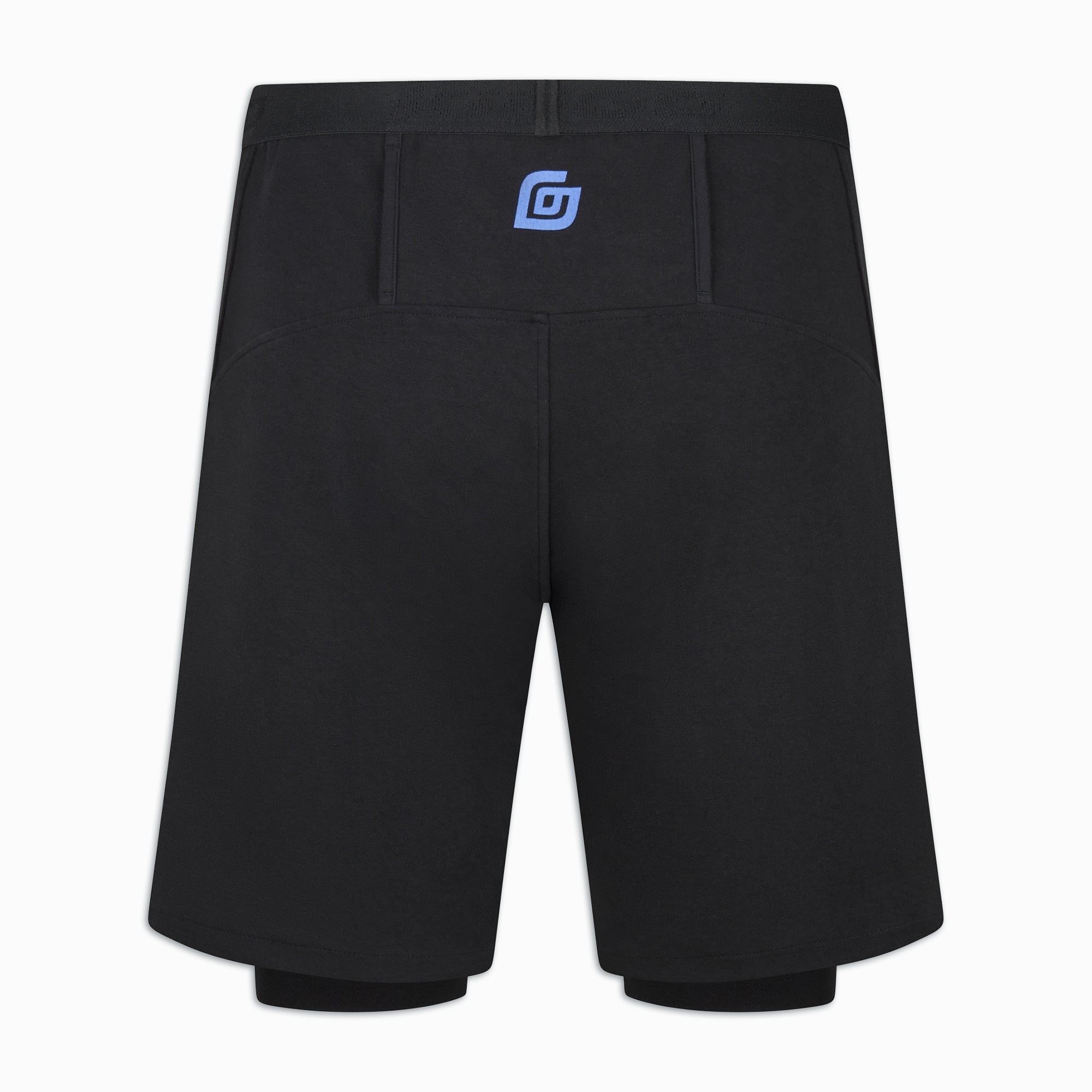 Rückansicht der schwarzen 2-in-1 Shorts mit blauem KiiGo-Logo am Bund