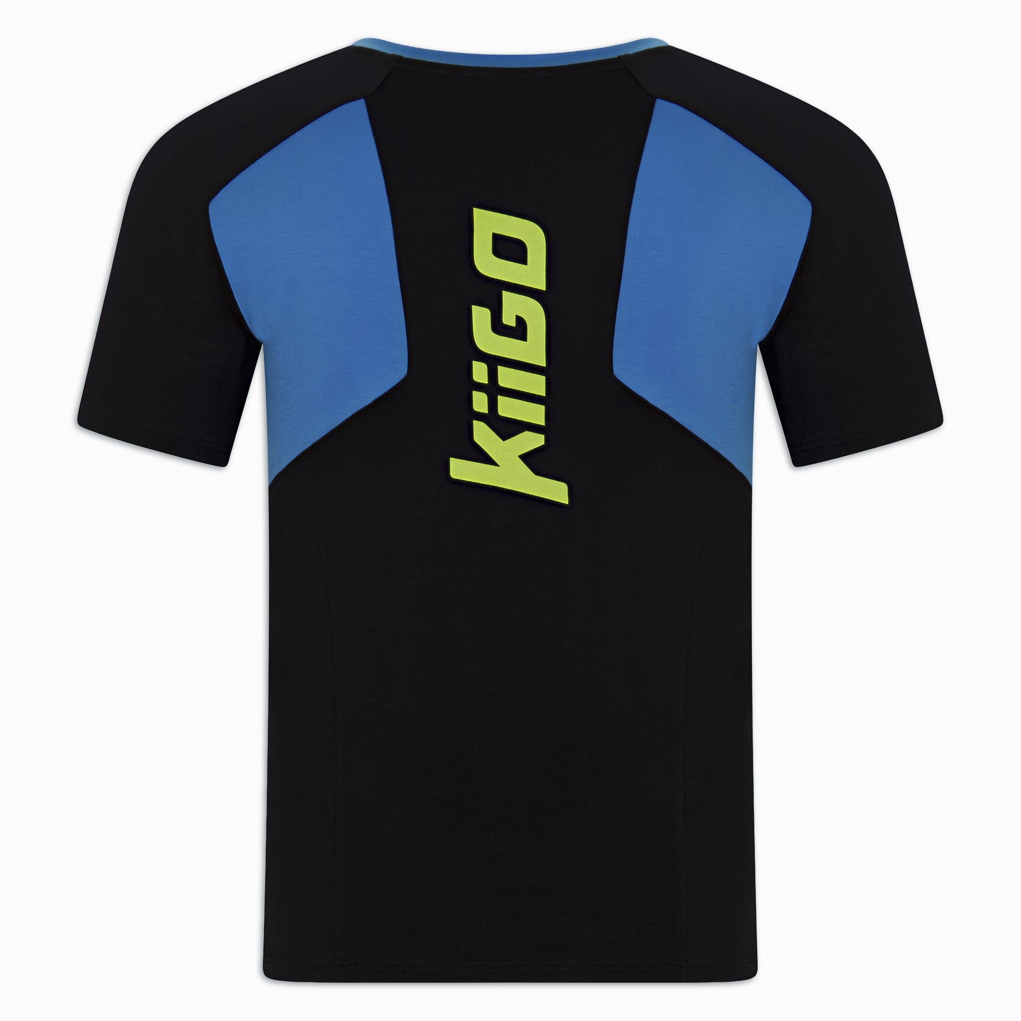 Rückansicht des schwarzen Sport-T-Shirt mit blauen Schultereinsätzen und KiiGo-Schriftzug am Rücken