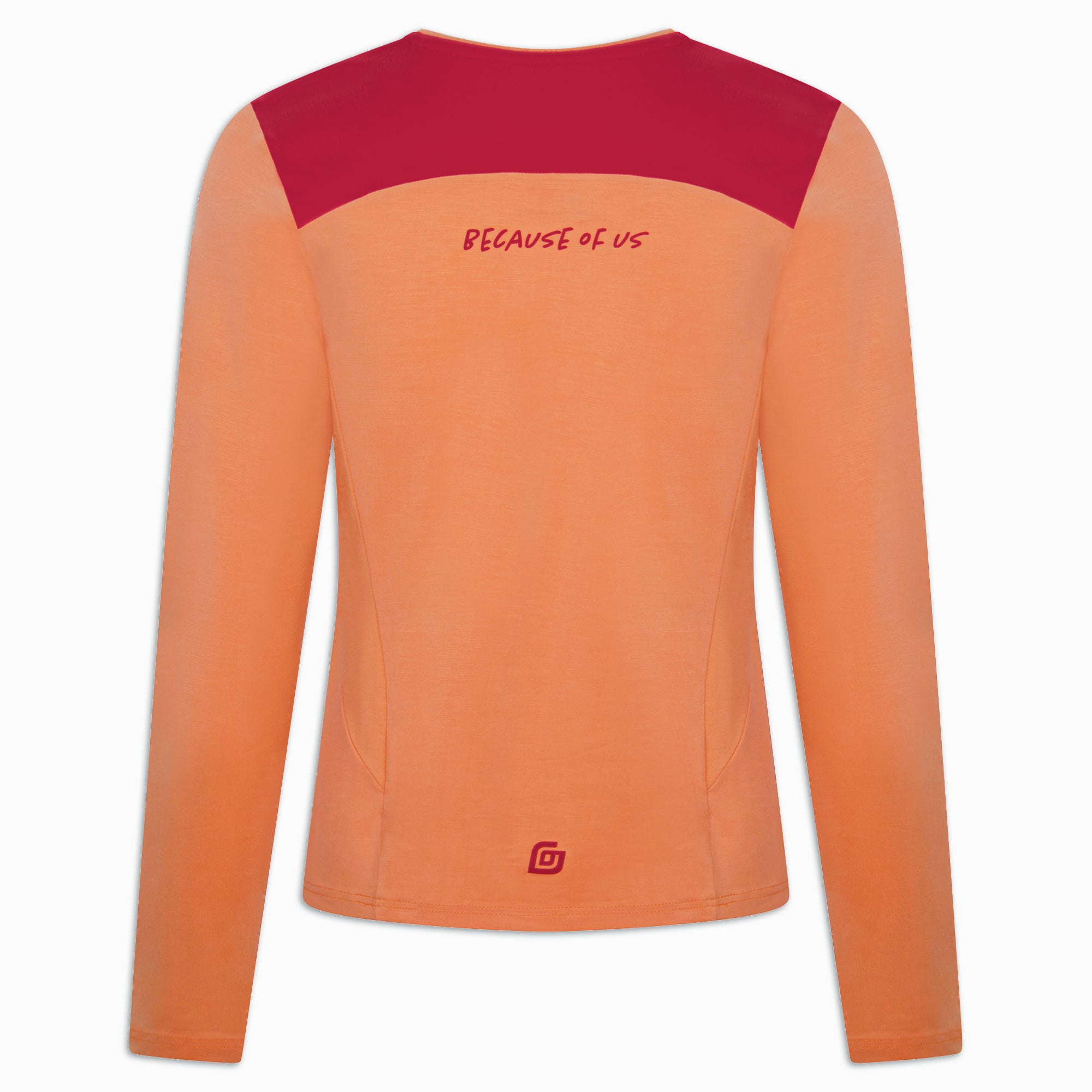 Rückansicht des Pfirsich-farbenen Damen-Longshirts mit Schriftzug "Because of us" und Logo am Saum